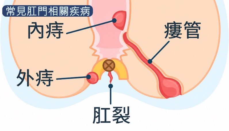 內痔、外痔、肛裂及肛門廔管位置示意圖